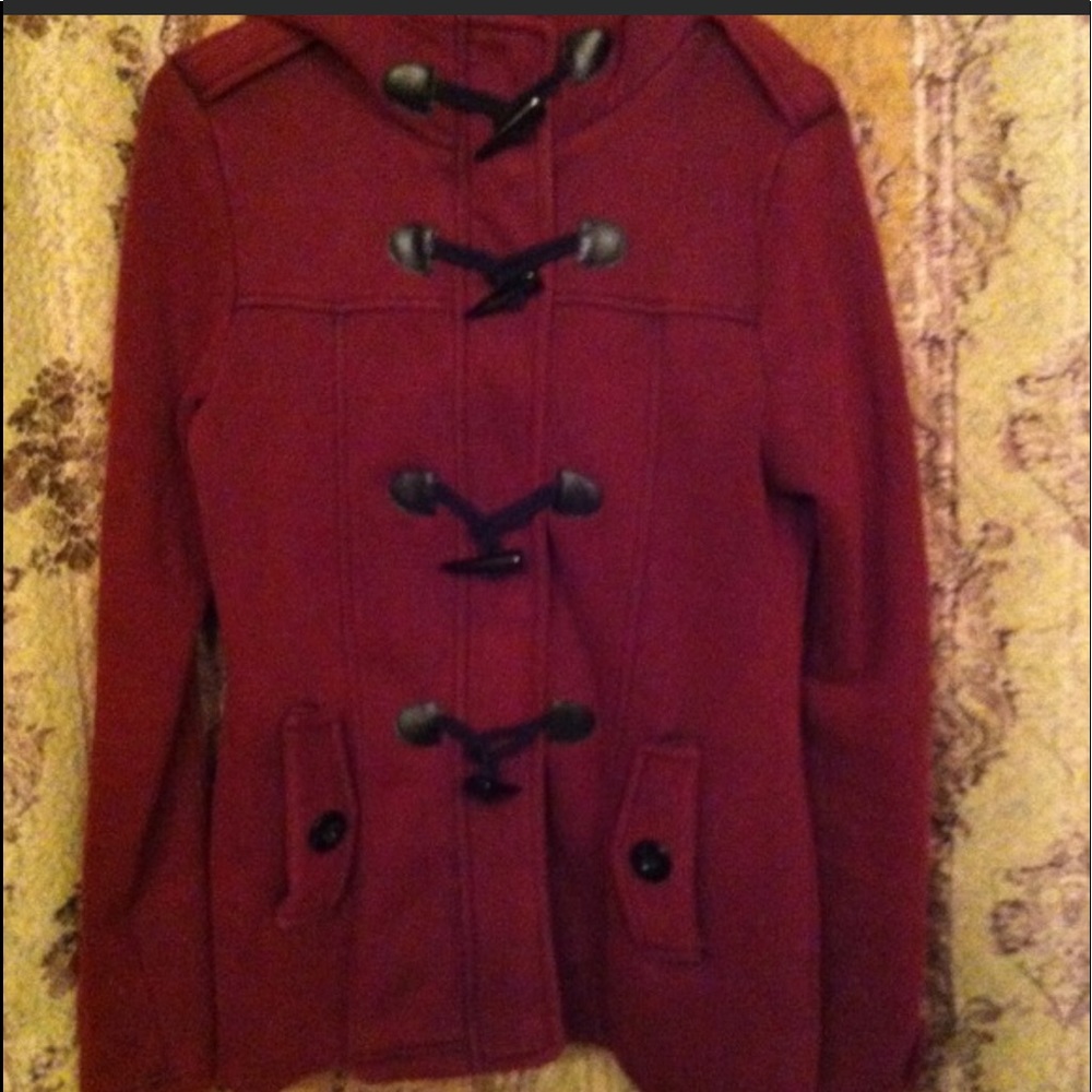 Burgundy knit hooded jacket w/ Toggle style closure